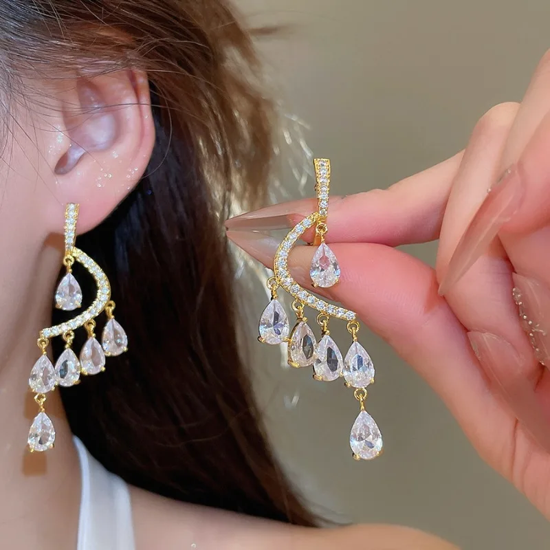 Minar Light Luxury Full CZ Cubic Zirconia Water Drop Tassel Hanging Dangle Earrings for Women 18K Real Gold Plated Copper Gifts