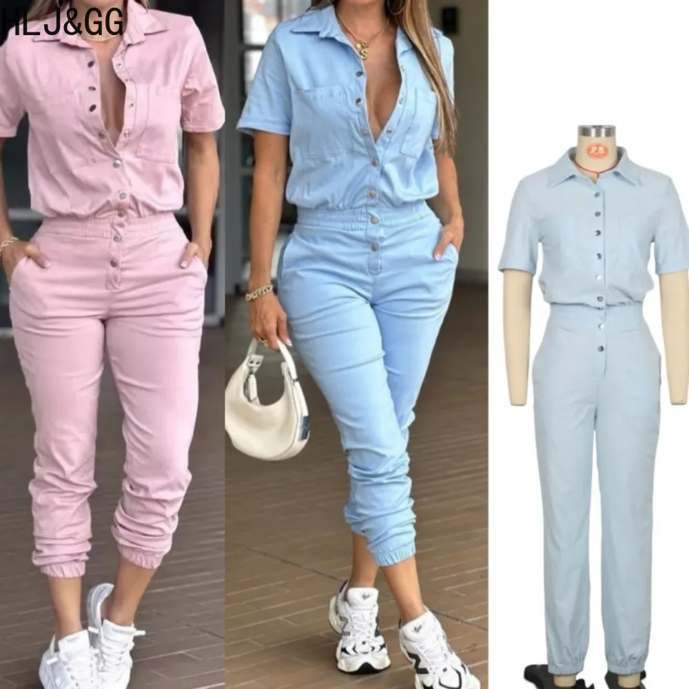 

HLJ&GG Casual Solid Pocket Sporty Jumpsuits Women Lapel Button Short Sleeve Slim Playsuits Fashion Spring New One Piece Overalls