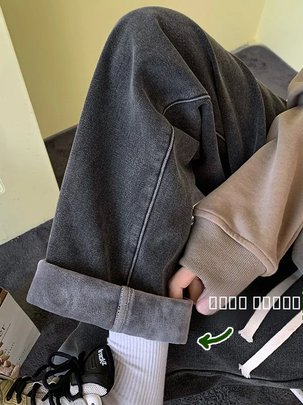 

Мужские джинсы в стиле ретро, американские, зимние, утепленные, свободные, повседневные, длинные брюки, теплые прямые джинсы для подростков