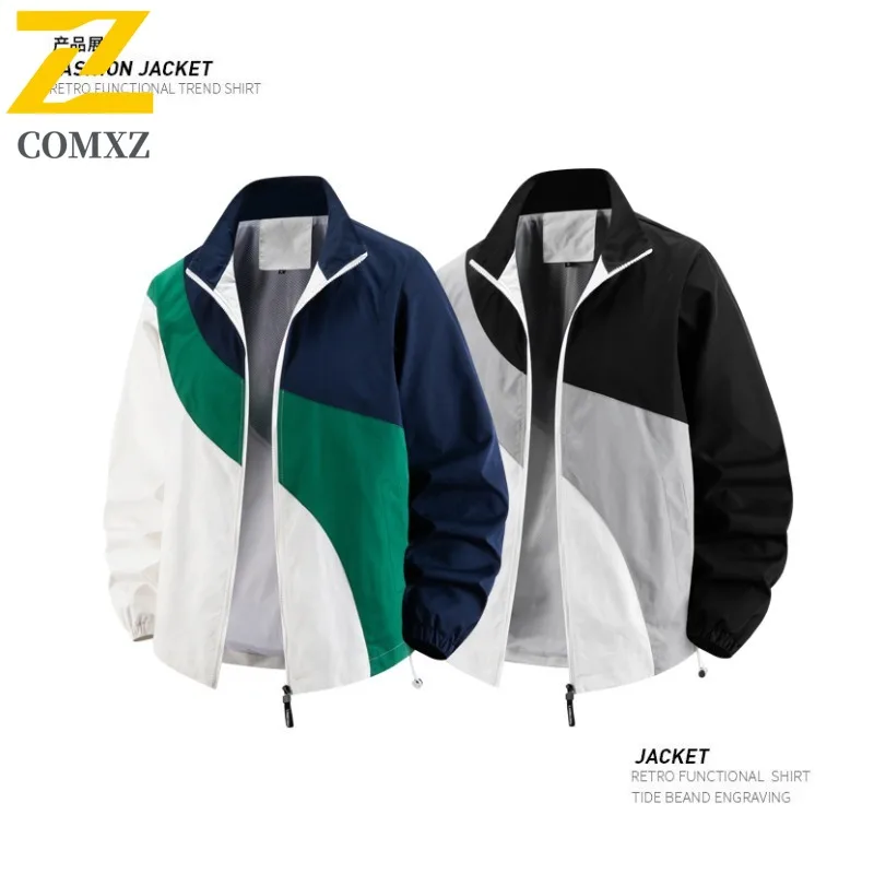 COMXZ 2025 Outdoor Color Block Couple Hooded Work Jacket Waterproof Sport Casual Long Sleeve Windbreaker Unisex Waterproof Coat