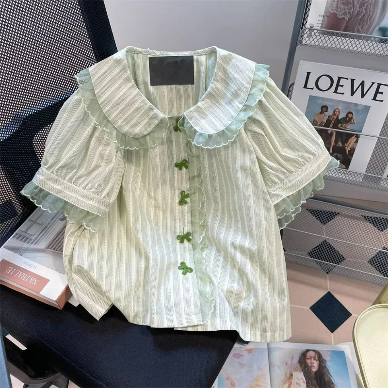 Kawaii Striped Women Blouses Sweet Lace Peter Pan Collar Chic Bow Button Green Tops Cute Puff Sleeve Y2k Aesthetic Lolita Shirts