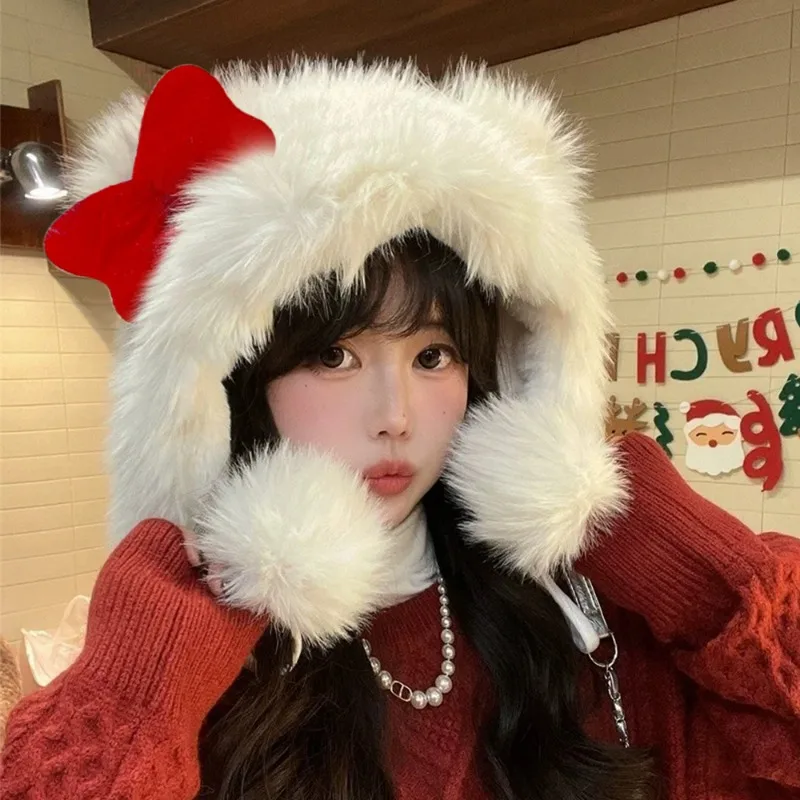 Korean Sweet Bow Plush Cap for Women Winter Girls Keep Warm Windproof Cat Ear Protection Hats Cute Pom-pom Beanie with Lace Bow