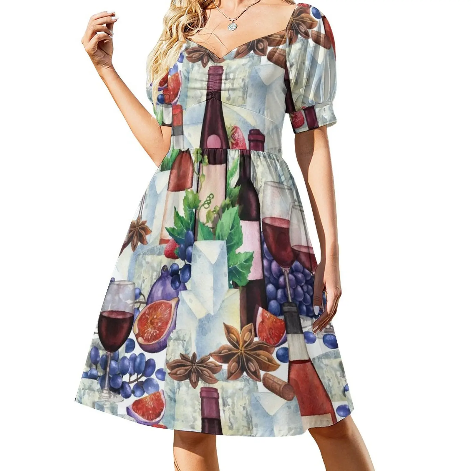 

Watercolor wine glasses and bottles decorated with delicious food Sleeveless Dress summer clothes for women women clothes