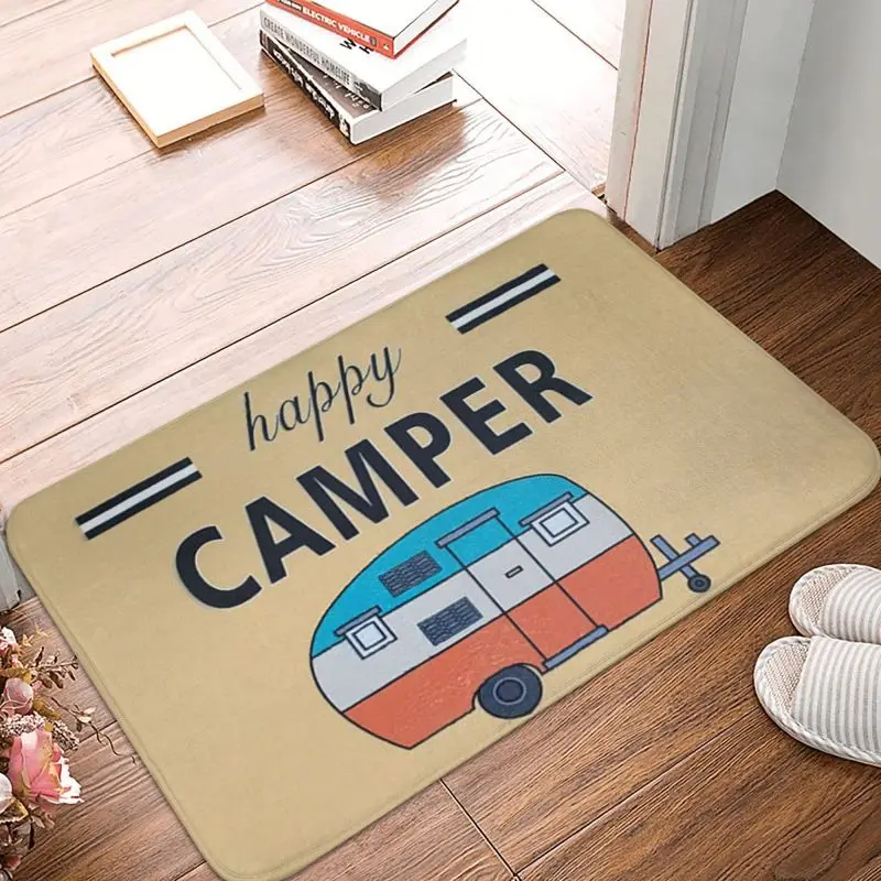 Happy Camper Front Floor Door Mat Indoor Cartoon RV Camping Entrance Kitchen Bath Doormat Balcony Carpet Rug