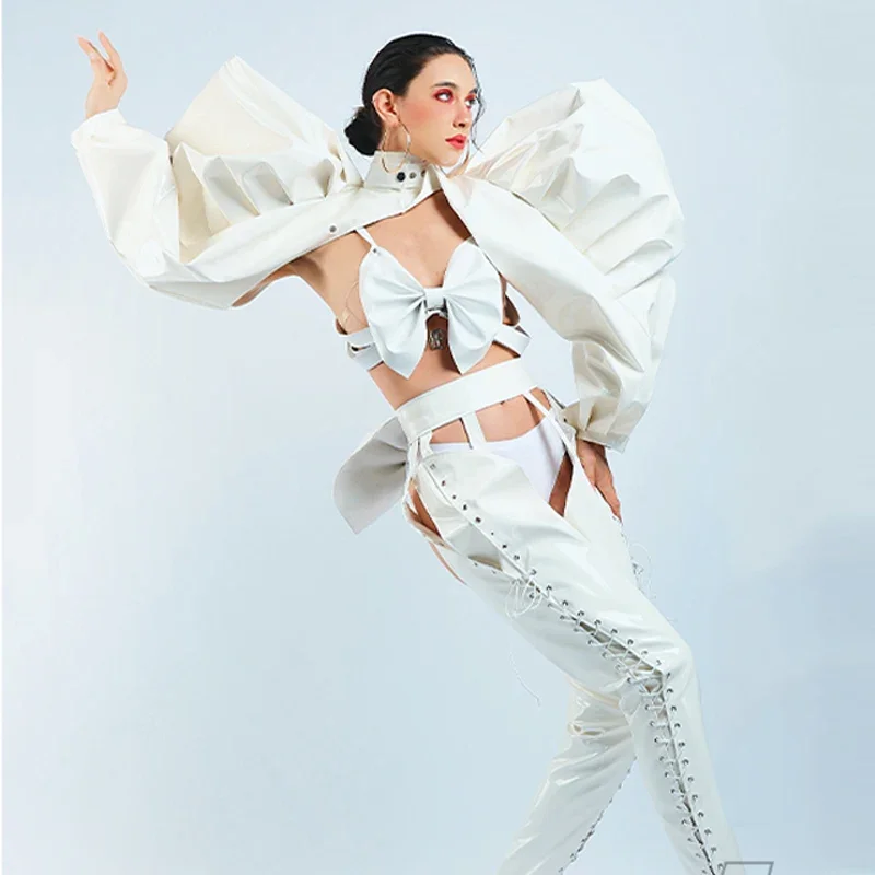 White Pu Leather Butterfly Spine Outfit Futuristic Clothing Gogo Dancer Costumes DJ Ds Rave Outfit Drag Queen Cltohes