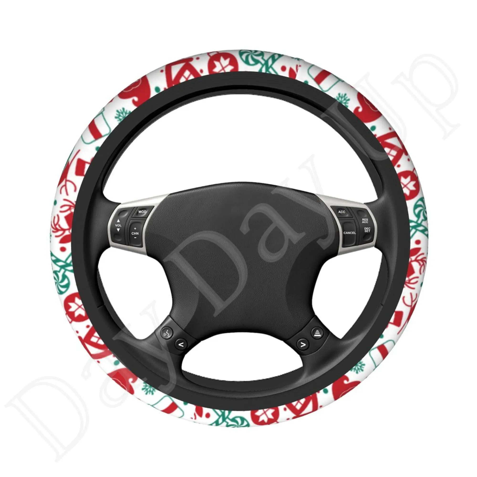 Green and Red Christmas Bells Candy Cane Cartoon Steering Wheel Cover Holiday Gift Decor Car Interior Accessories Women Men