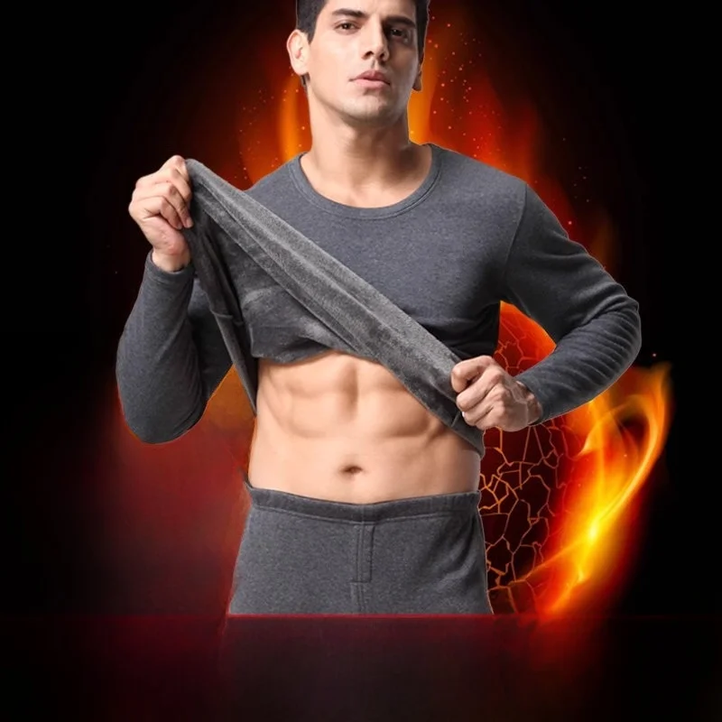Men's Thermal Underwear Set Thickened Fleece Lined Close-Fitting Cold Proof Clothes Pants Long Sleeve round Neck Pure Color