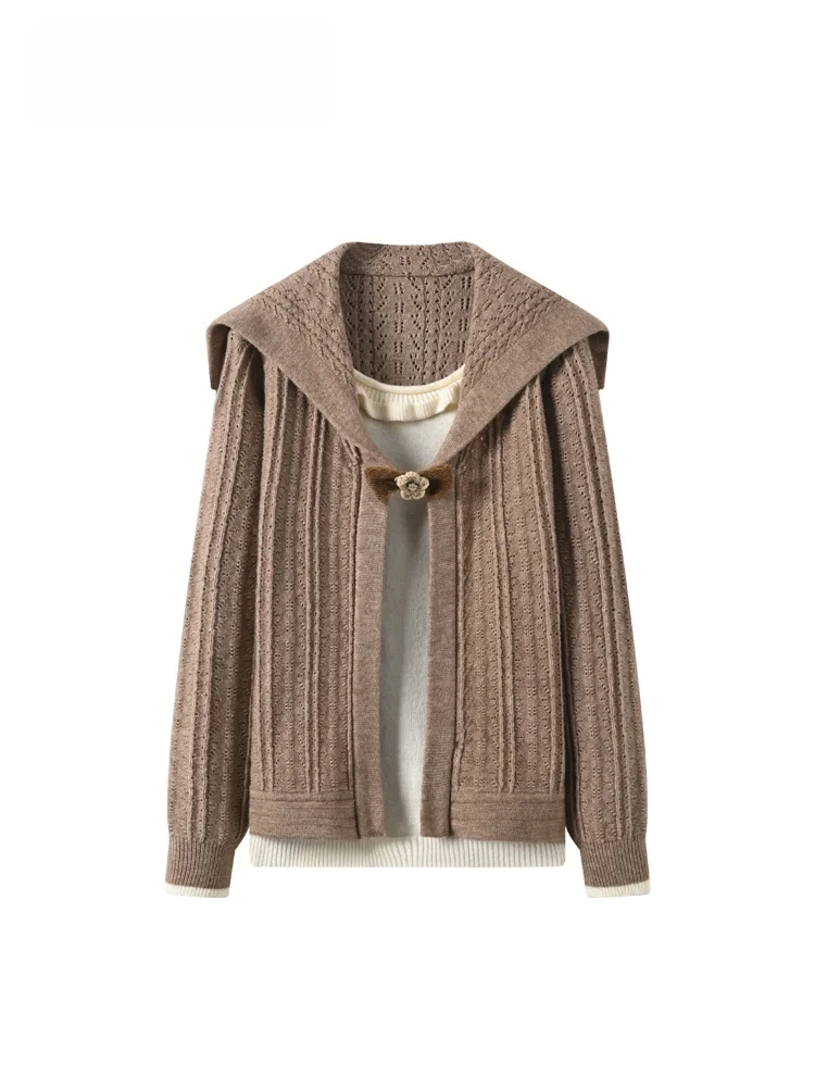 

Свободный длинный вязаный свитер для женщин больших размеров, осень-зима, новый повседневный свитер из полиэфирного волокна, темно-синий воротник, искусственный два...