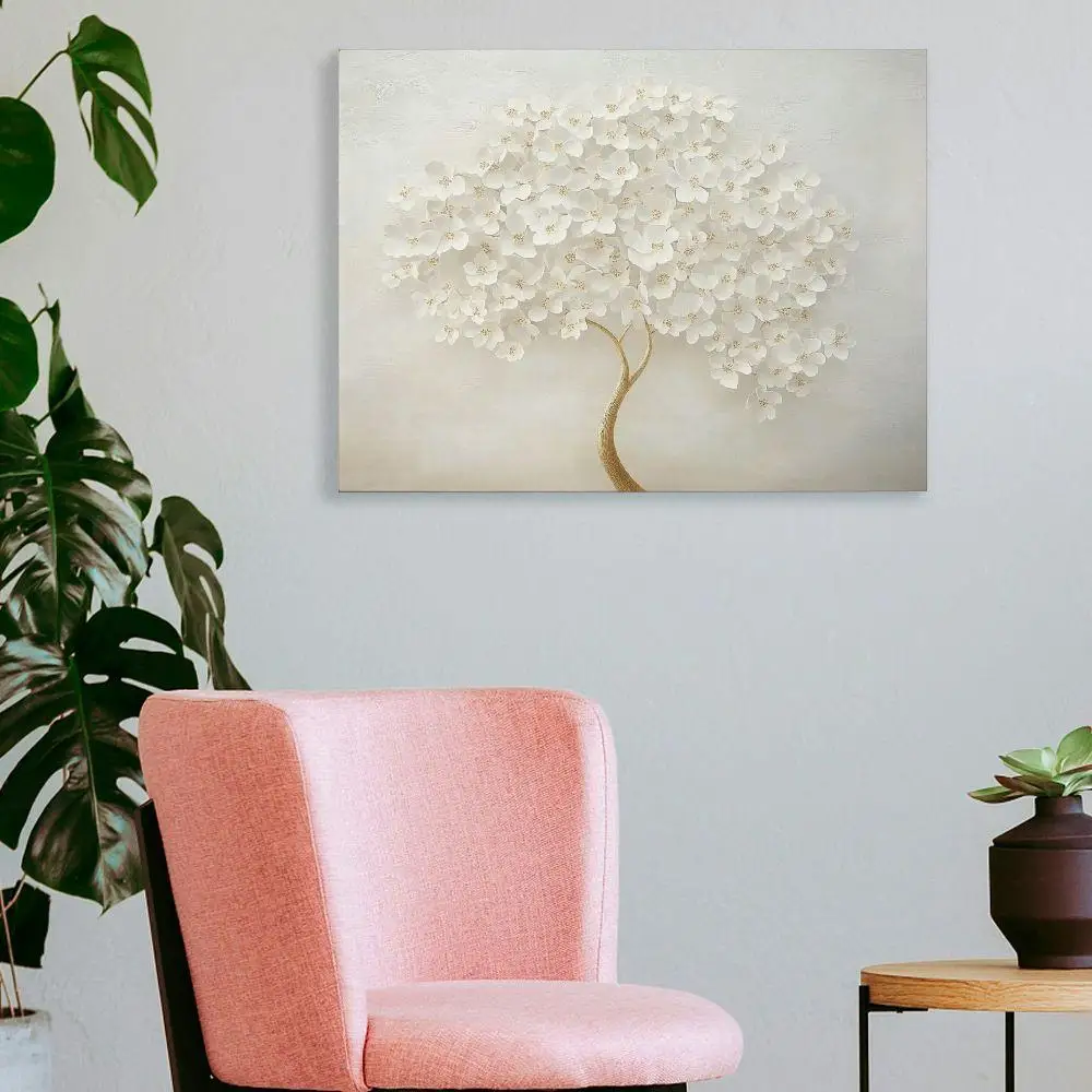 Pittura su tela floreale bianca scandinava elegante 1PC - Arte moderna semplice senza cornice per la decorazione dell'home office con cornice