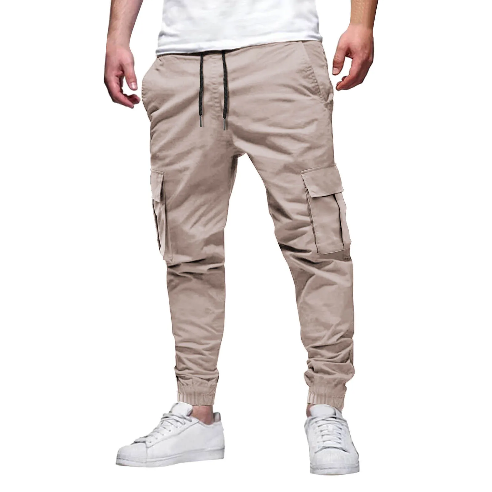 Men's Casual Multi-Pocket Elastic Waist Overalls Ankle Pants Outdoor Sports Solid Color Spring Autumn Nine-Point Trousers