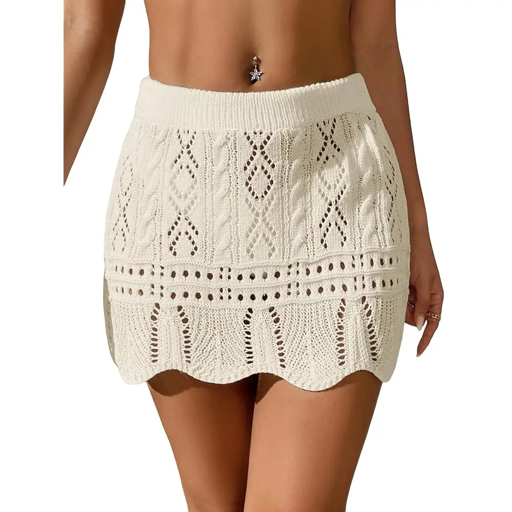 

Women's Hollow Out Knit Scalloped Elastic Waist Swimsuit Beach Cover Up Mini Skirt