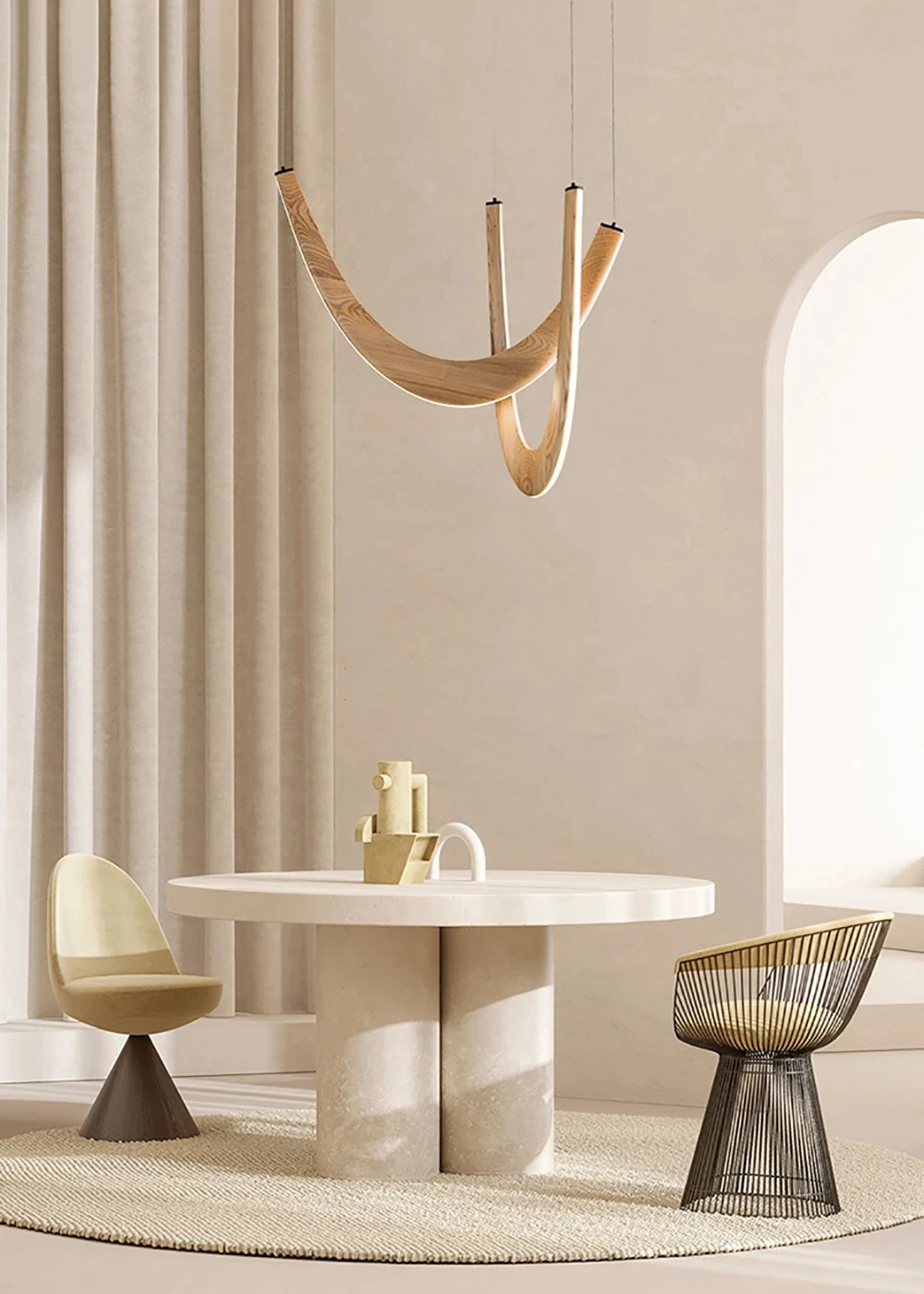 Modern Curved Wood LED Pendant Light Abstract U‑Shape Wooden Chandelier Wabi‑sabi Hanging Lamp For Living Room Lobby Hotel Recep