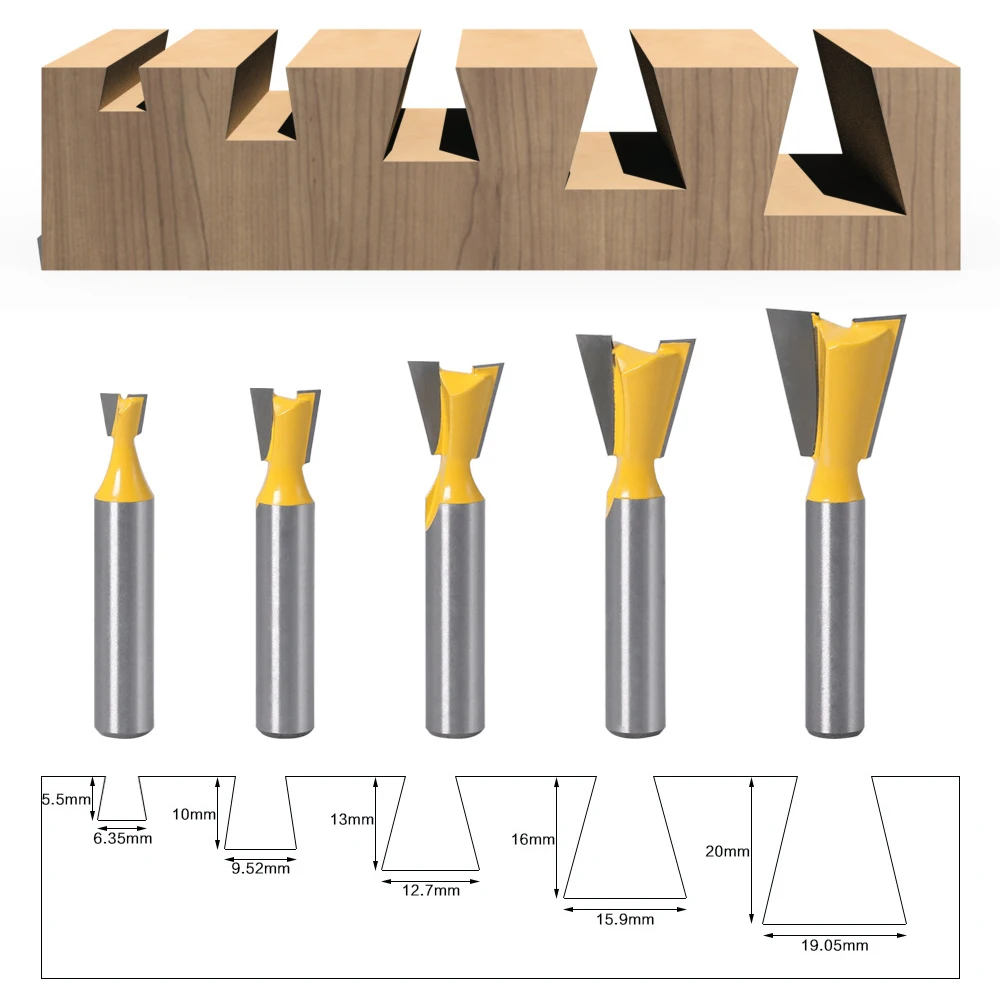 5pcs 8mm Shank Carbide Dovetail Joint Router Bit Set Slotting Woodworking Cutter