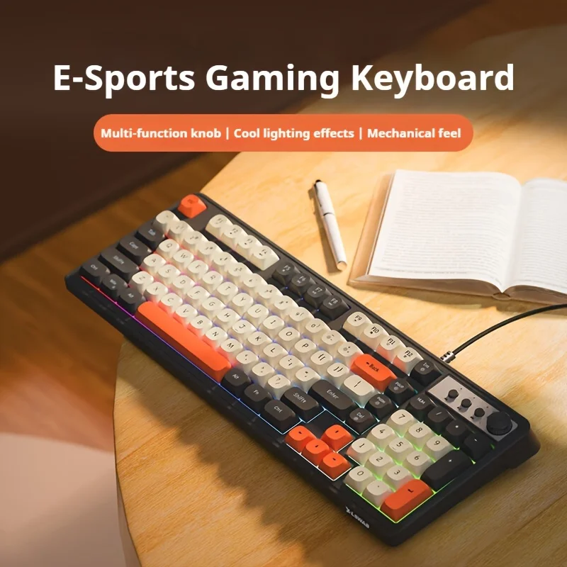 EWEADN G98 Portable Wired Gaming Keyboard Rainbow Backlit Ergonomic Design 98 KeysMultimedia KnobBall Keycaps for Gamers