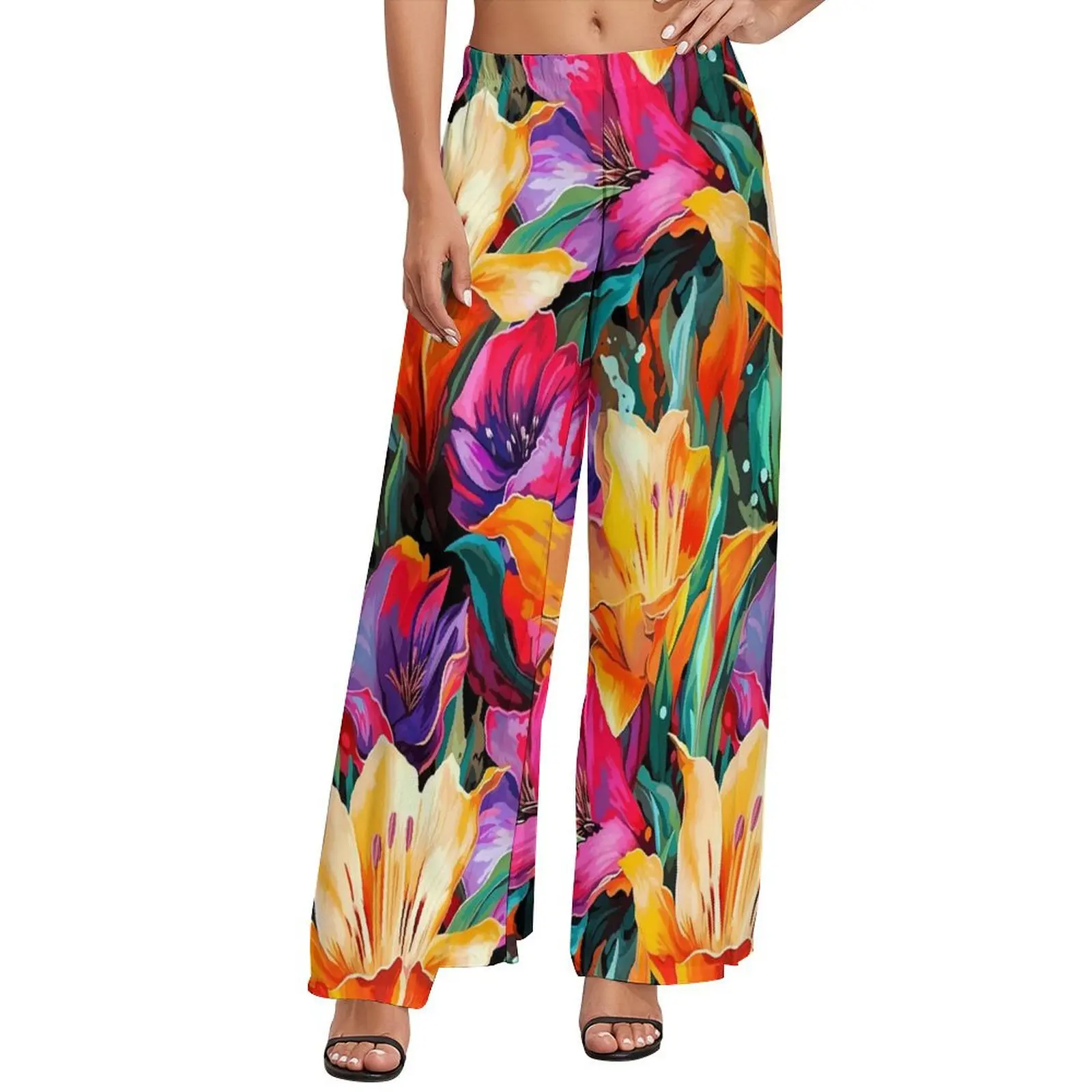 

Lily Floral Tulips Pants Woman Colorful Flowers Streetwear Trousers High Waisted Sexy Wide Pants Gift