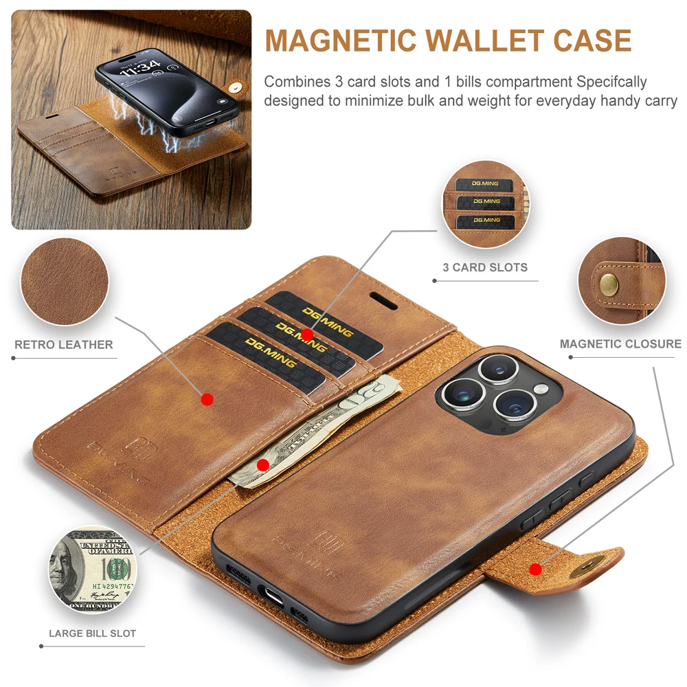 Flip Phone Case for IPhone 15 14 13 12 11 Pro Max XS XR X Plus 2 in 1 Detachable Magnetic Leather Wallet Card Holder Cover Coque