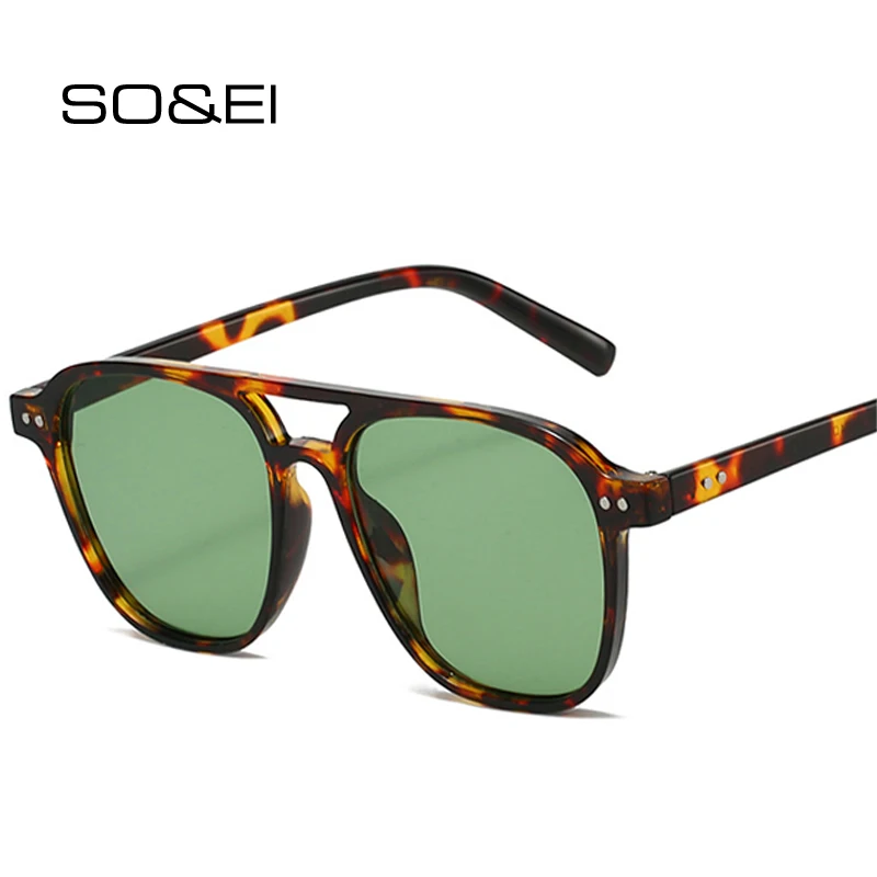 SO&EI Retro-Sonnenbrille mit Nieten und Doppelbrücken für Herren, modische Luxus-Sonnenbrille für Damen, UV400, gelb-grüne Sonnenbrille