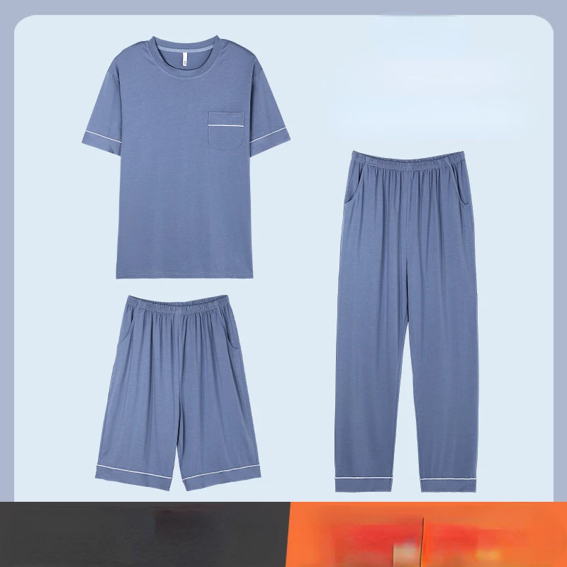 Big Size Pajama Sets Men Summer Sleepwear 3pcs Short Sleeve Tops Shorts Pants Loungewear Casual Loose Nightwear Underwear Sleep