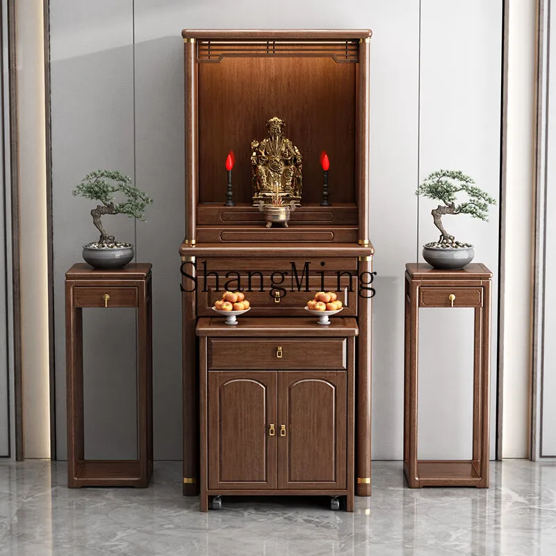 SM new Chinese solid wood shrine with door altar cabinet walnut household incense case Buddha statue offering table