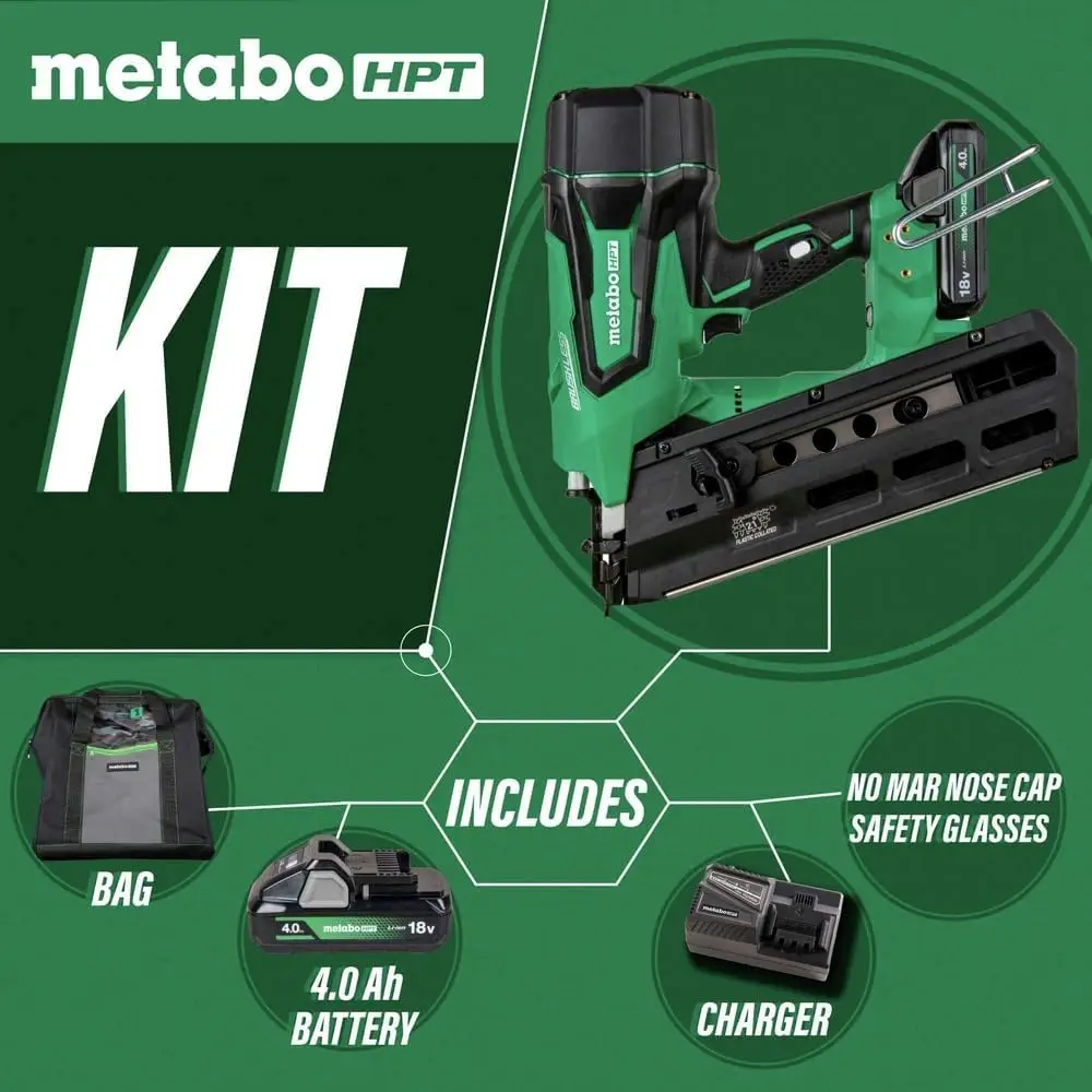 Metabo-HPT MultiVolt sem fio, 18V™Framing Magazine Nailer Kit, Unhas de Cabeça Redonda de 2 "a 3" 1/2 ", 21 Graus, 1-18V