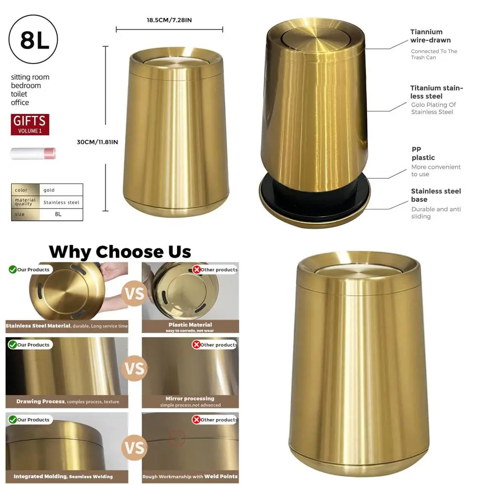 

8L Swing Lid Brass Garbage Can - Brushed Nickel & Matte Gold for Bathroom, Powder Room, Bedroom, Laundry