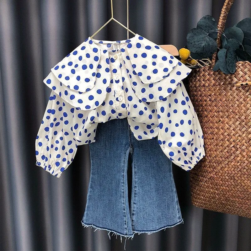 

2024 Spring Autumn Season New Girl Cute Polka Dot Large Polo Collar Shirt And Jeans Two Piece Set