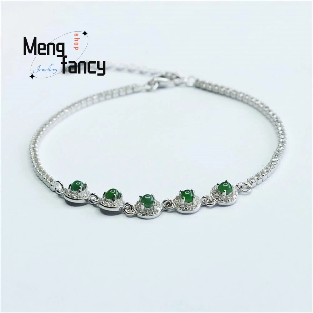 

S925 Silver Lnlaid Natural Jadeite In Ice Type Imperial Green Bracelet Exquisite Elegant Charm High-grade Luxury Quality Jewelry