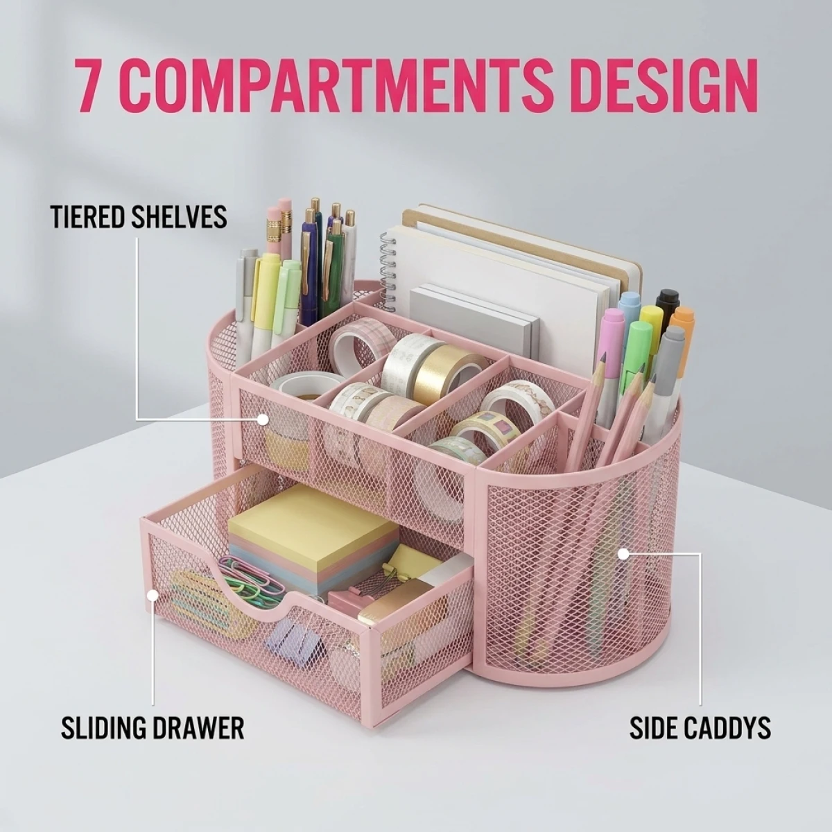 80% Space Saver! Metal Mesh Desk Organizer w/ Sliding Drawer & Side Storage, Scratch-Resistant, Rust-Proof, Home Office Decor