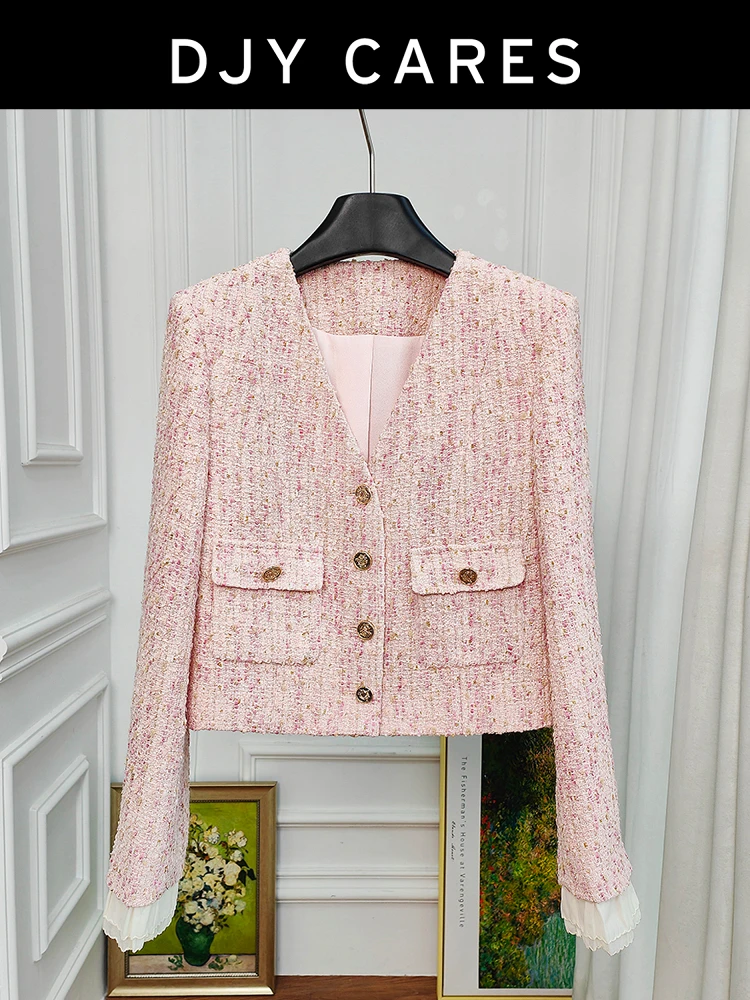 

Новый милый розовый твидовый жакет, модный топ большого размера с V-образным вырезом