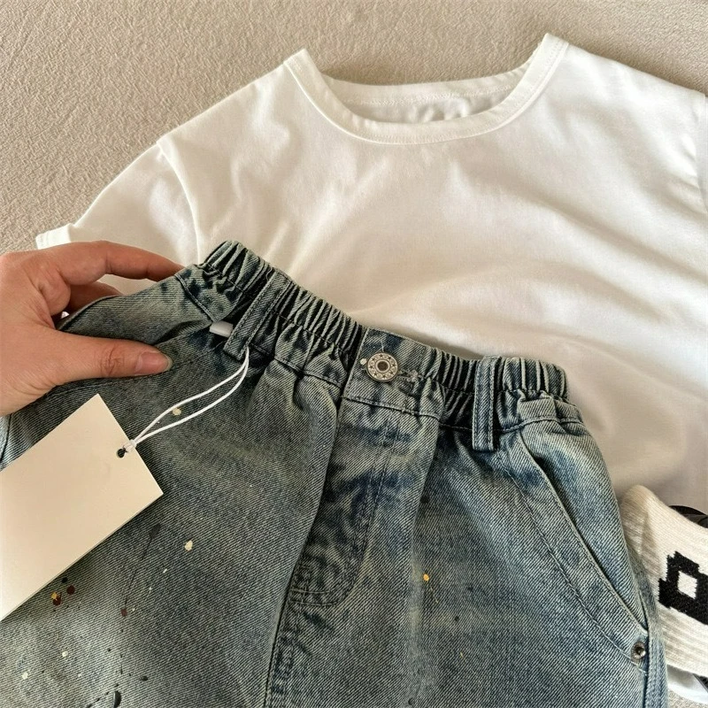 Children's Denim Shorts New Summer Boys and Girls Splashed Ink Shorts Made Old Korean Version Baby Fringed Pants Trendy