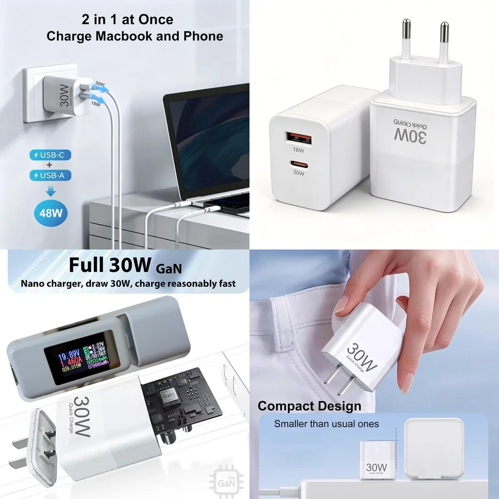 30W PD Fast Charger USB C Type C Wall Adapter Dual Port 18W QC 3.0 Quick Charging Block for iPhone 17 16 Samsung iPad Xiaomi EU