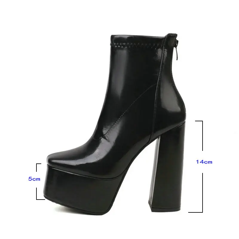 Black Red White Women Ankle Boots Platform Square High Heel Ladies Short Boots PU Leather Square Toe Zipper Dress Women\'s Boots