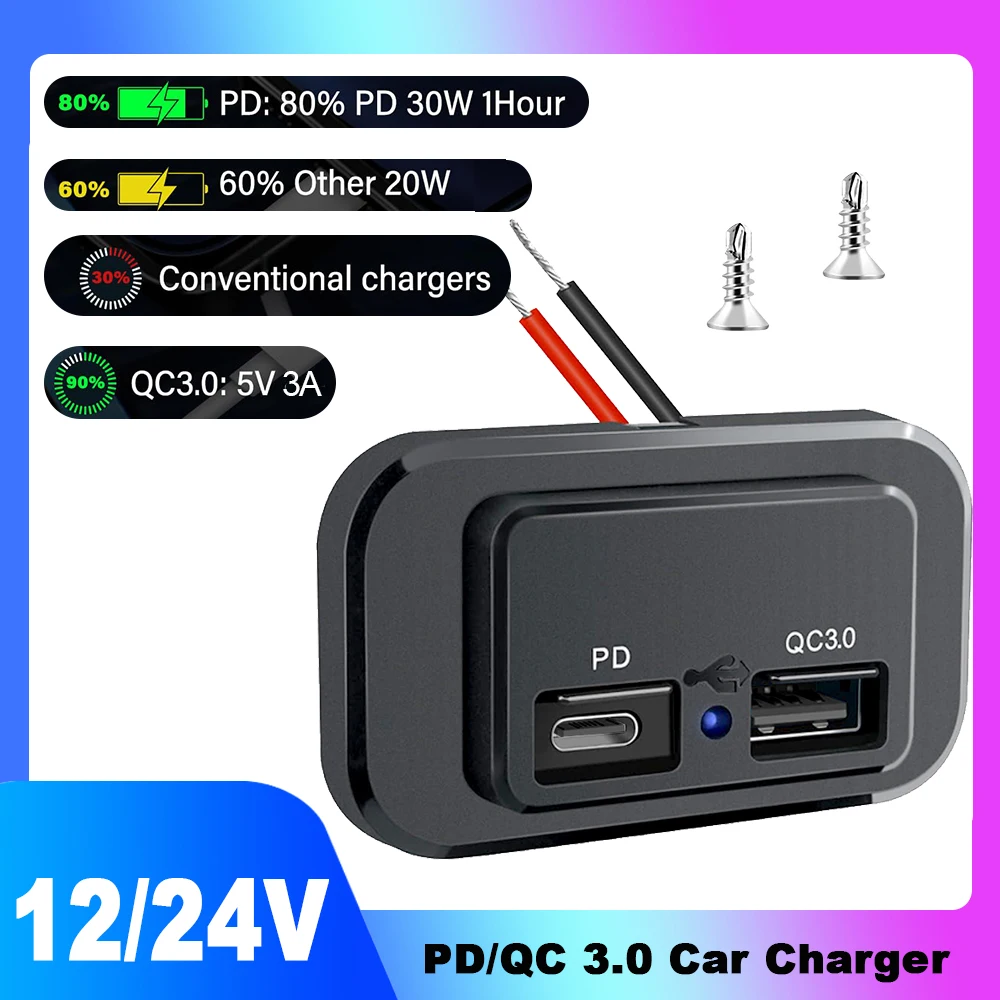 

Car Charger Socket Power Adapter QC3.0 PD Dual USB Ports Quick Charge 12/24V for Motorcycle Truck Camper Boat ATV