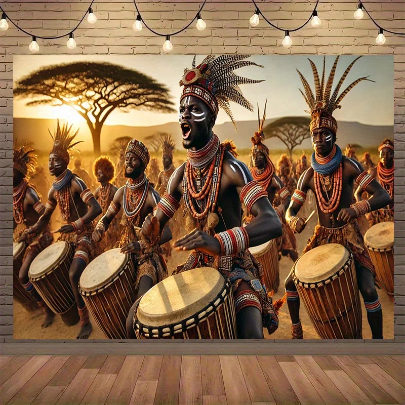 Tamboristas tribales africanos, traje tradicional, puesta de sol, paisaje de la sabana, tapiz, patrimonio cultural, arte de pared, decoración para sala de estar, ritmo