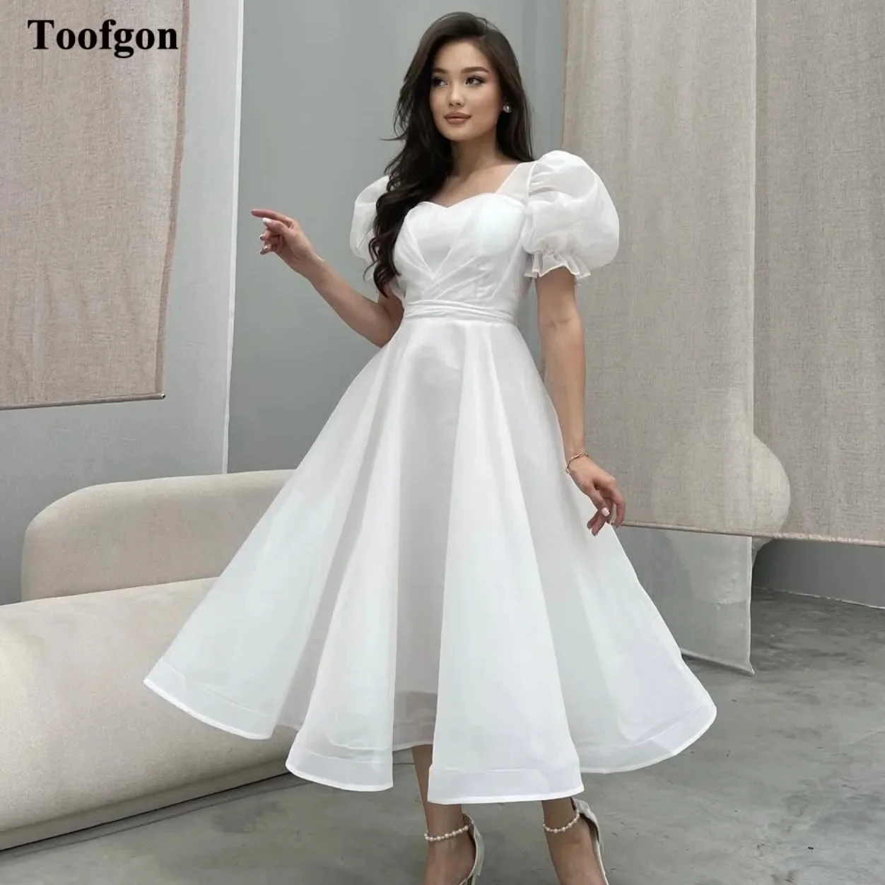 

Свадебные платья Toofgon из органзы на заказ, миди, с короткими рукавами, длиной до щиколотки, для торжественных случаев, женские вечерние платья для выпускного бала