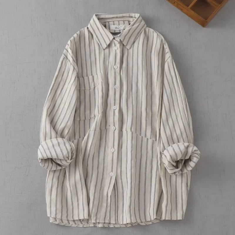 

2026 New Spring Striped Linen Shirt Women's Loose Casual Top Japanese Retro Style Elegant Office Commuting Slim Fit Blouse W2213
