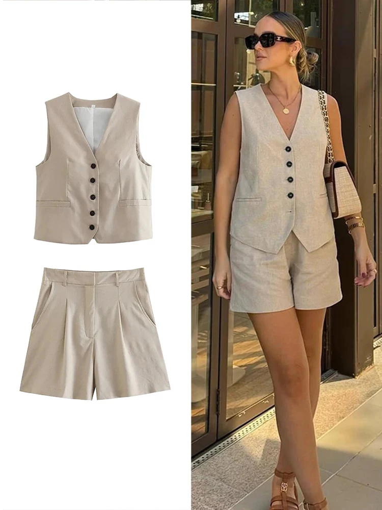 ZABA Women\'s Elegant Solid Colour Vest Vest Shorts Set Vintage Button Linen Blend Vest Casual Office Commuter Two Piece Set