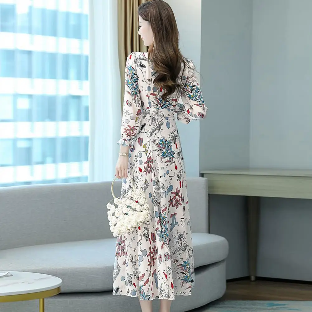 New in Dress for Women 2023 Flower Print V Neck Long Sleeves Loose Hem A-line Dress-up Boho Spring Fall Dress Women Clothing