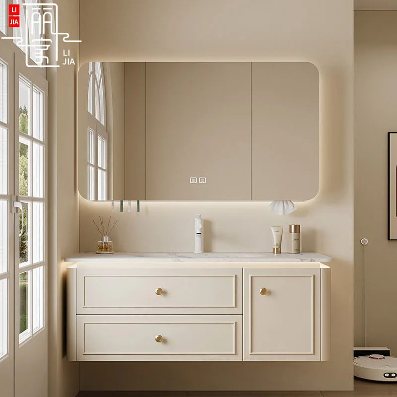 Cream air integrated basin, bathroom cabinet combination, rock plate hot bending washbasin, hand basin, rounded corner