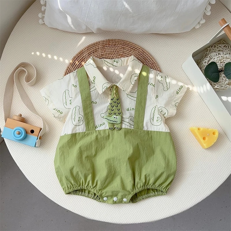 

2024 Summer Baby Girls Boys Clothing Infant Short Sleeve Bodysuit Shirt Collar False 2-piece Dinosaur One Piece