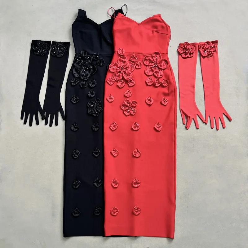 

Women New Designer Bandage Dress 23025 Summer Halter Appliques Long Bodycon With Gloves Birthday Dress Celebrity Evening Party