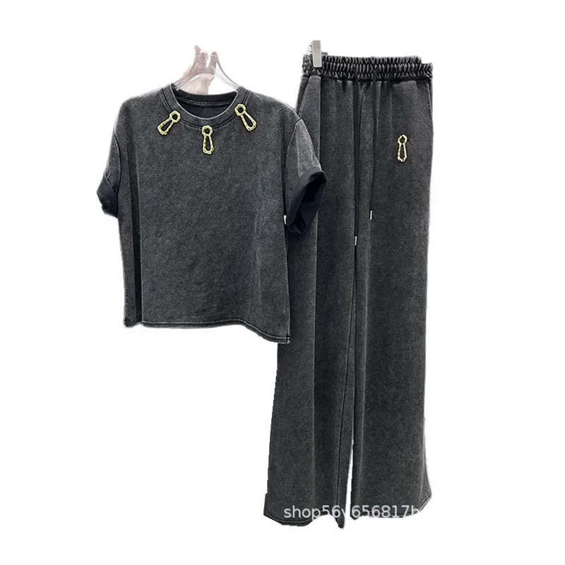 Fashion Black Grey Women Two-piece Set Spring Summer Short Sleeve T-shirt Crop Top + Elastic High Waist Casual Wide Leg Pants view 5