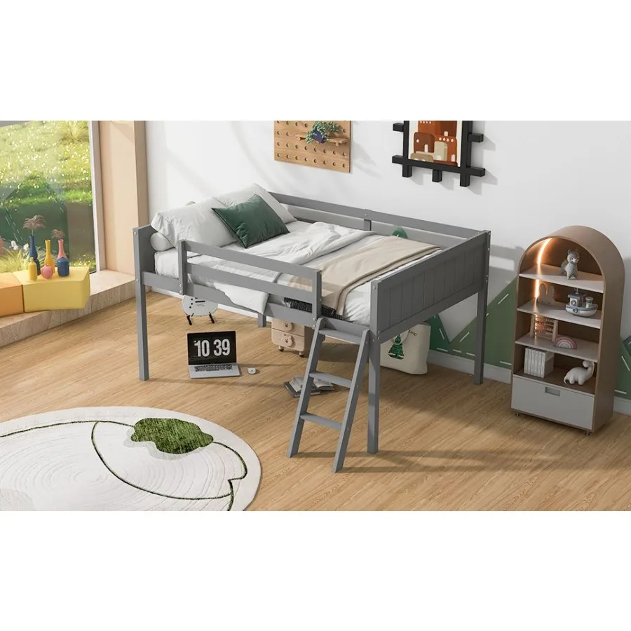 يمكن وضع سريرًا منخفضًا من الخشب بالحجم الكامل مع سلم سلم على اليسار أو الأيمن رمادي قديم SKU: GX000366AAE #5