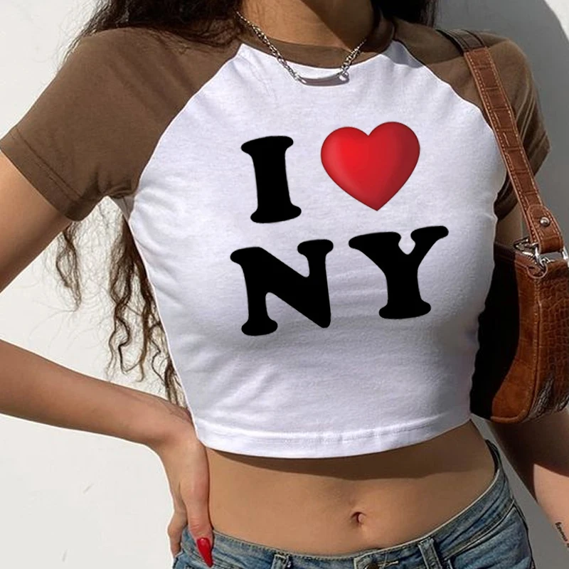 I Love New York American Vintage Style T-Shirt Hot Girl Print Women's Cropped Top Y2k Raglan Sleeve O-Neck Cropped Baby T-Shirt