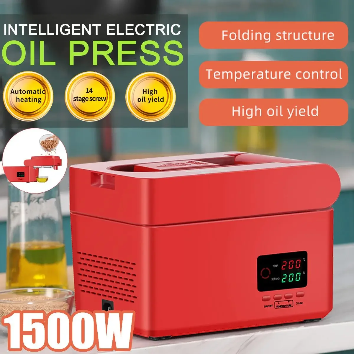 

1500W Oil Presser LED Digital Temperature Control Squeezed Press Peanut Flaxseed Sesame Automatic Household Press Oil Machine