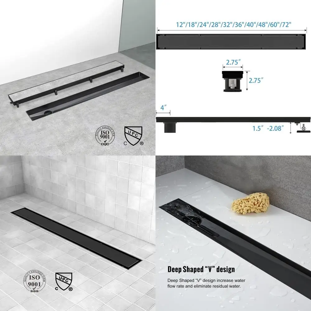 36 Black Shower Floor Drain with 2-in-1 Tile Insert, Brushed Stainless Steel, Side Outlet, Hair Catcher, Adjustable Feet