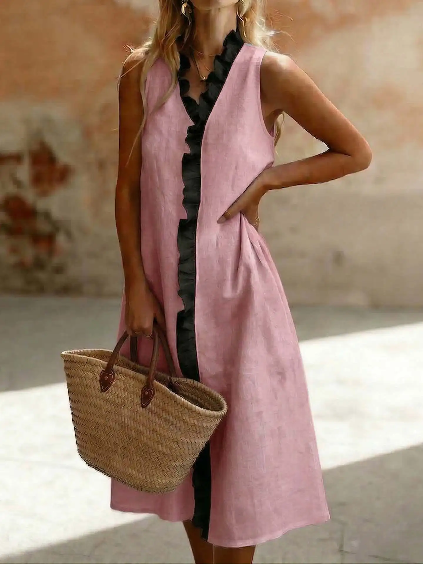 Women New Elegant Sleeveless Color Block Ruffle Hem Cotton Linen Midi Casual Dress