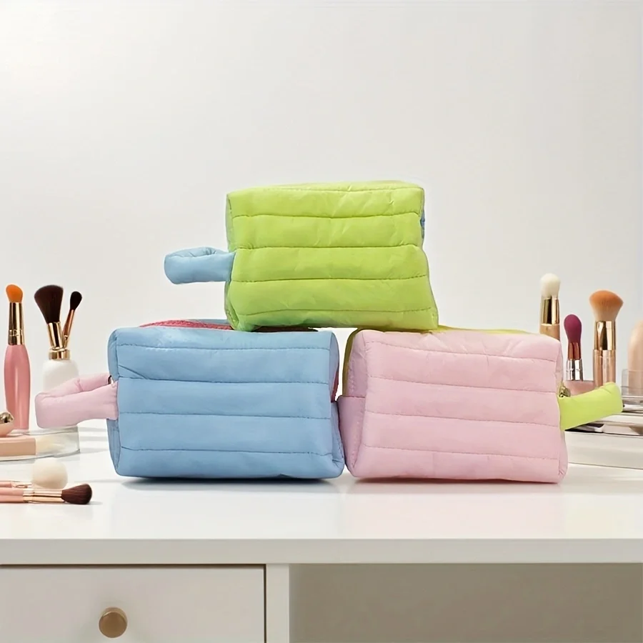 Cute Puffy Quilted Makeup Bag With Handle Large Capacity Travel Cosmetic Organizer Zipper Toiletry Storage Pouch For Women Girls