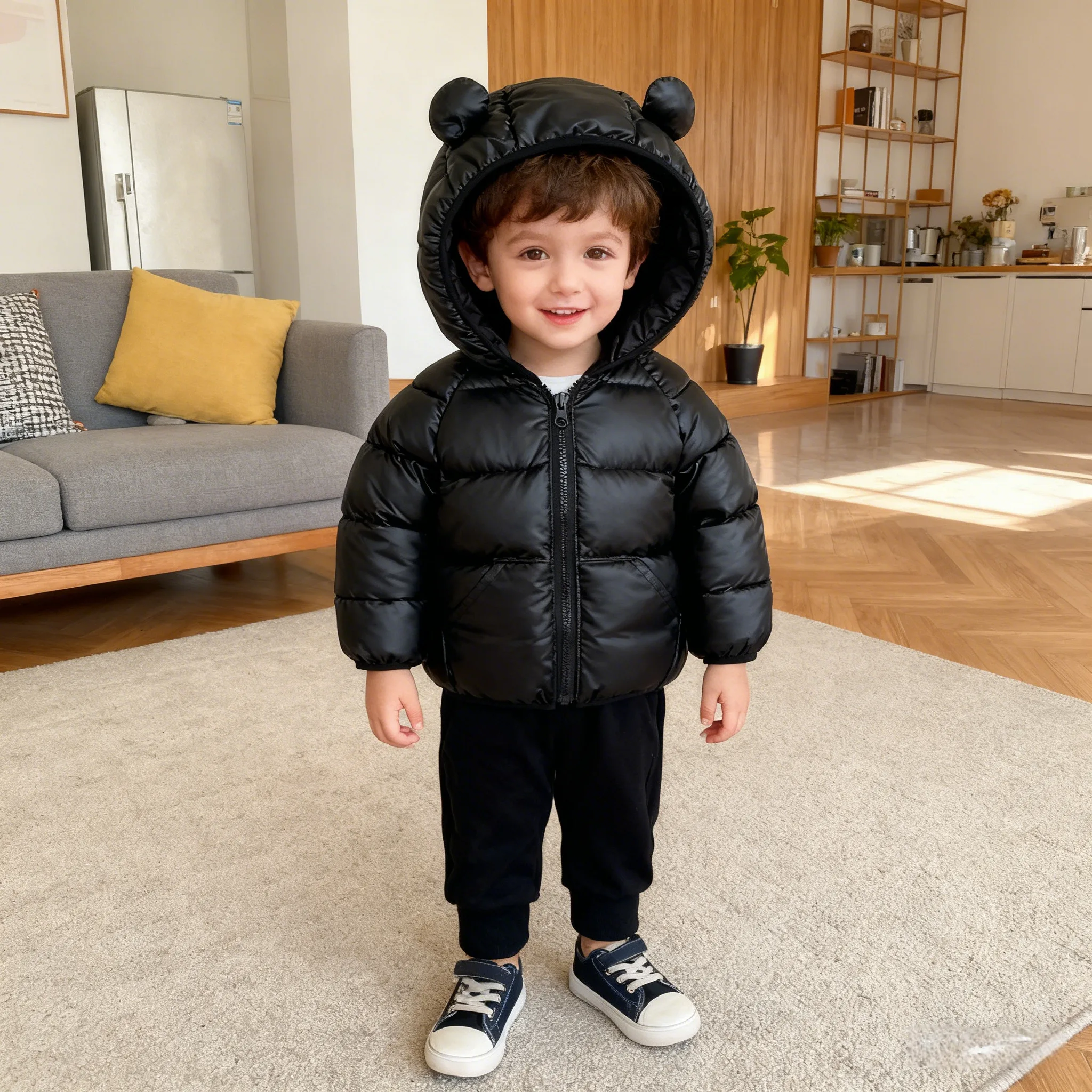 

Осенне-зимние куртки с капюшоном и медвежьими ушками для маленьких мальчиков и девочек, утепленная теплая пуховая куртка на молнии для новорожденных, хлопковая верхняя одежда, пальто