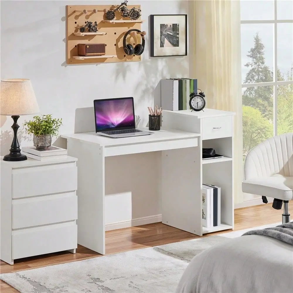 Minimalist Computer Desk With Shelf Drawer, Wooden Office Desk With Bottom Strip Pads For Home Office, Black White